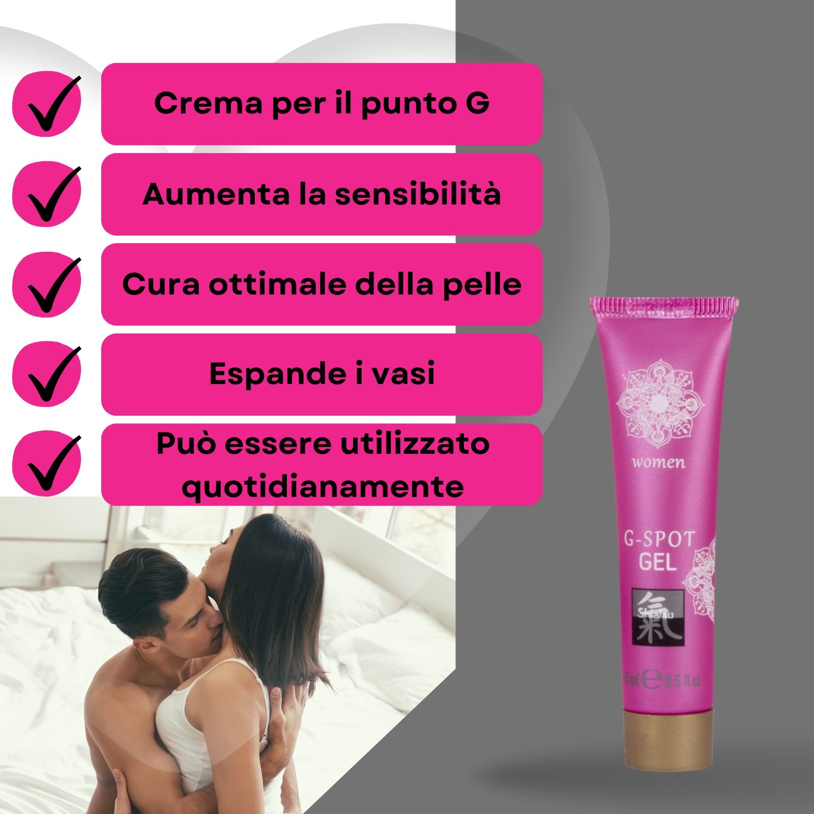 Prodotto e coppia. Tubo rosa e testo: Crema G-Spot. Vantaggi: sensibilità, cura della pelle.