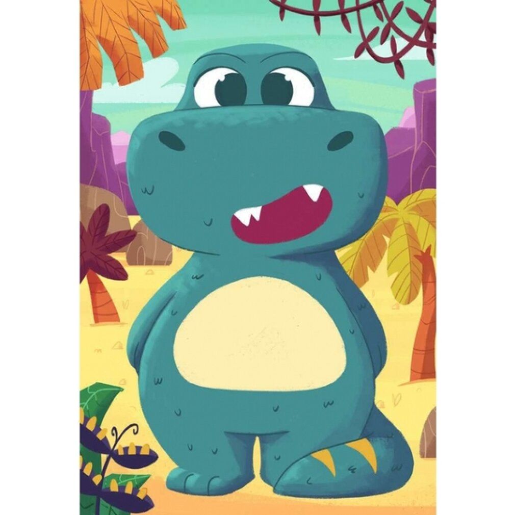 Puzzle dinosauro blu. Ambiente verde. Stile cartone animato.