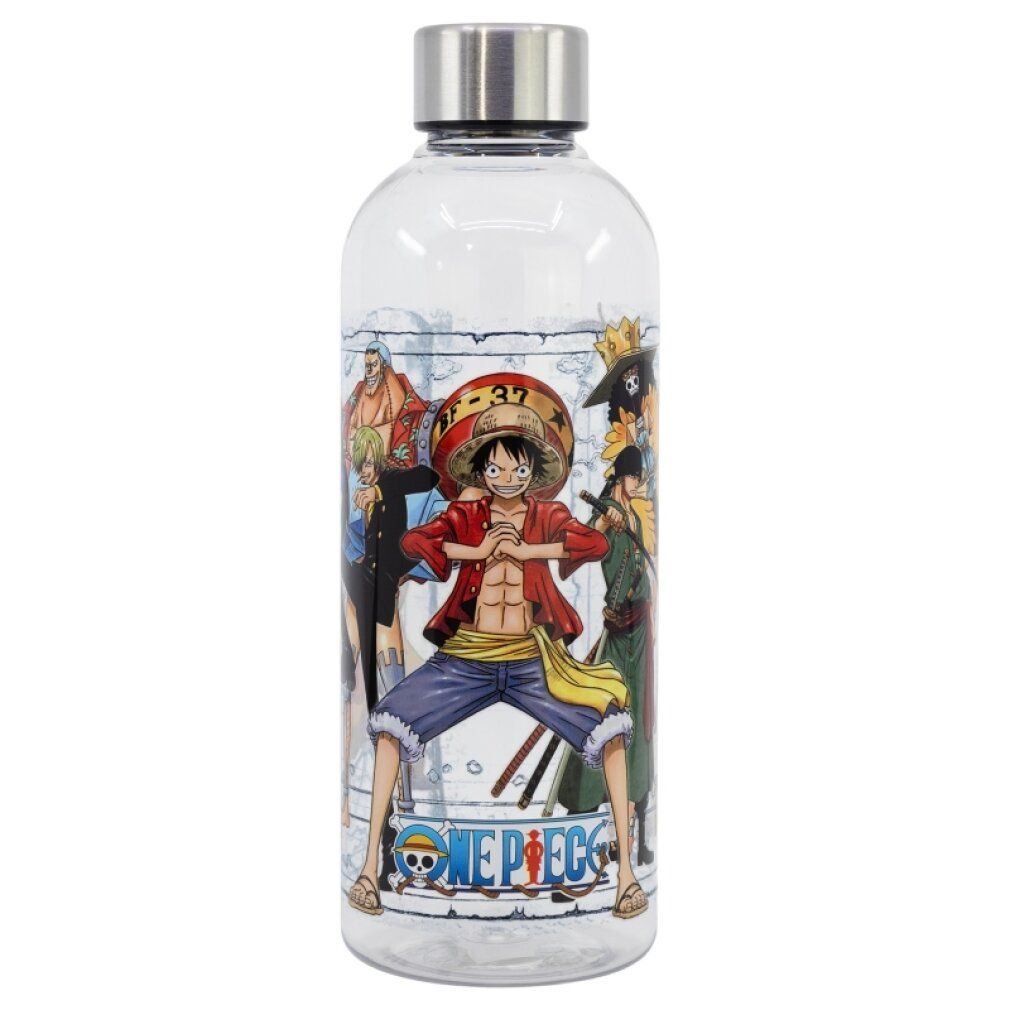 Borraccia trasparente con personaggi anime. Tappo a vite in acciaio inox. Illustrazioni multicolore di personaggi anime.