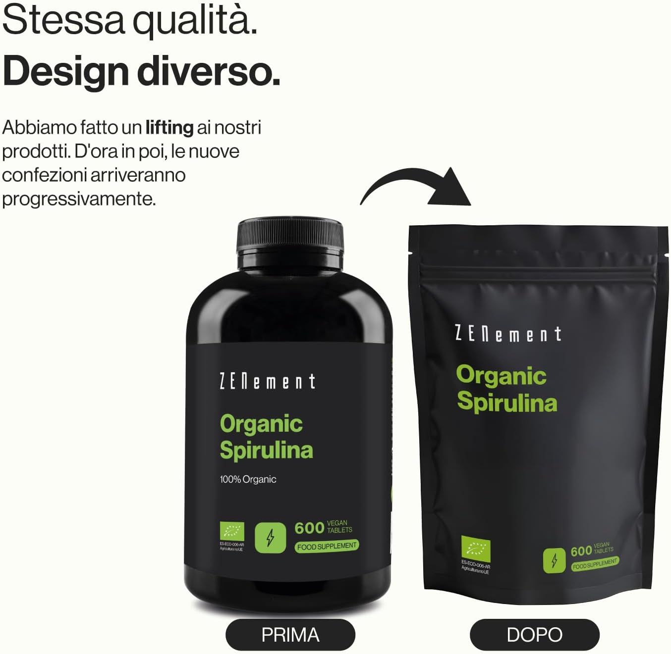Confronto: flacone e busta di compresse di spirulina. Testo: Stessa qualità. Design diverso. Prima/Dopo.