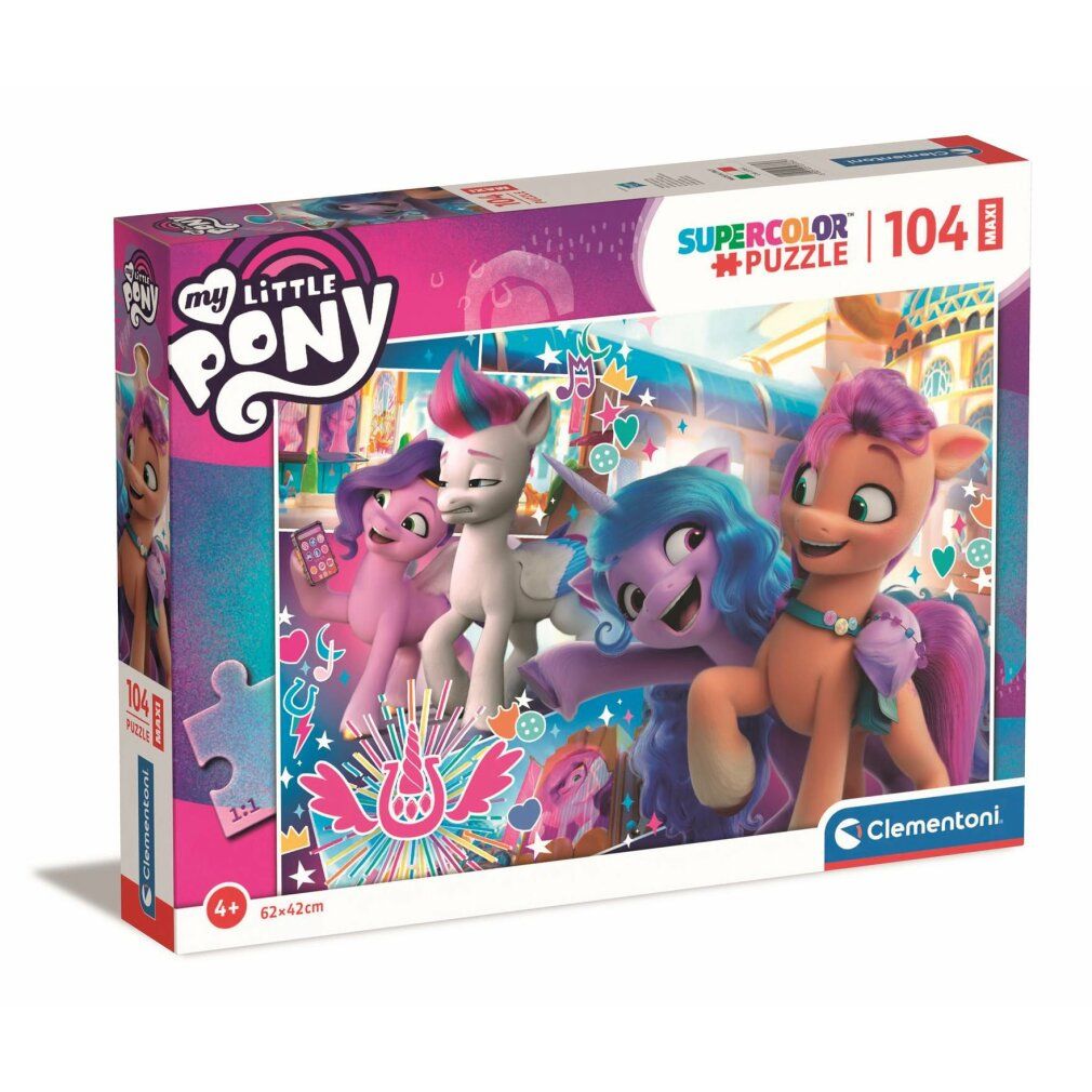 Scatola puzzle My Little Pony. Contiene 104 pezzi. Marchio: Clementoni. Età consigliata: 4+. Dimensioni: 62x42cm.