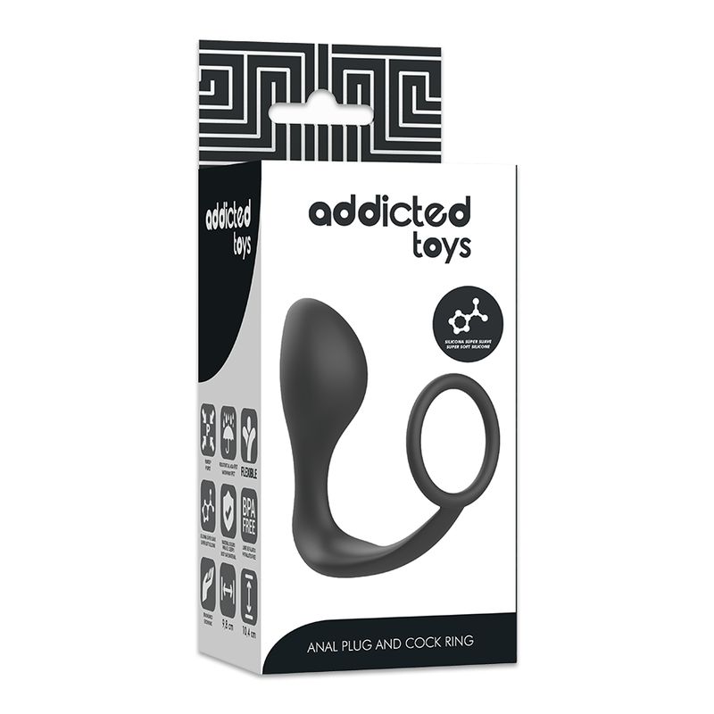 Confezione con plug anale nero con anello. Marchio Addicted Toys. Testo: Anal Plug and Cock Ring.