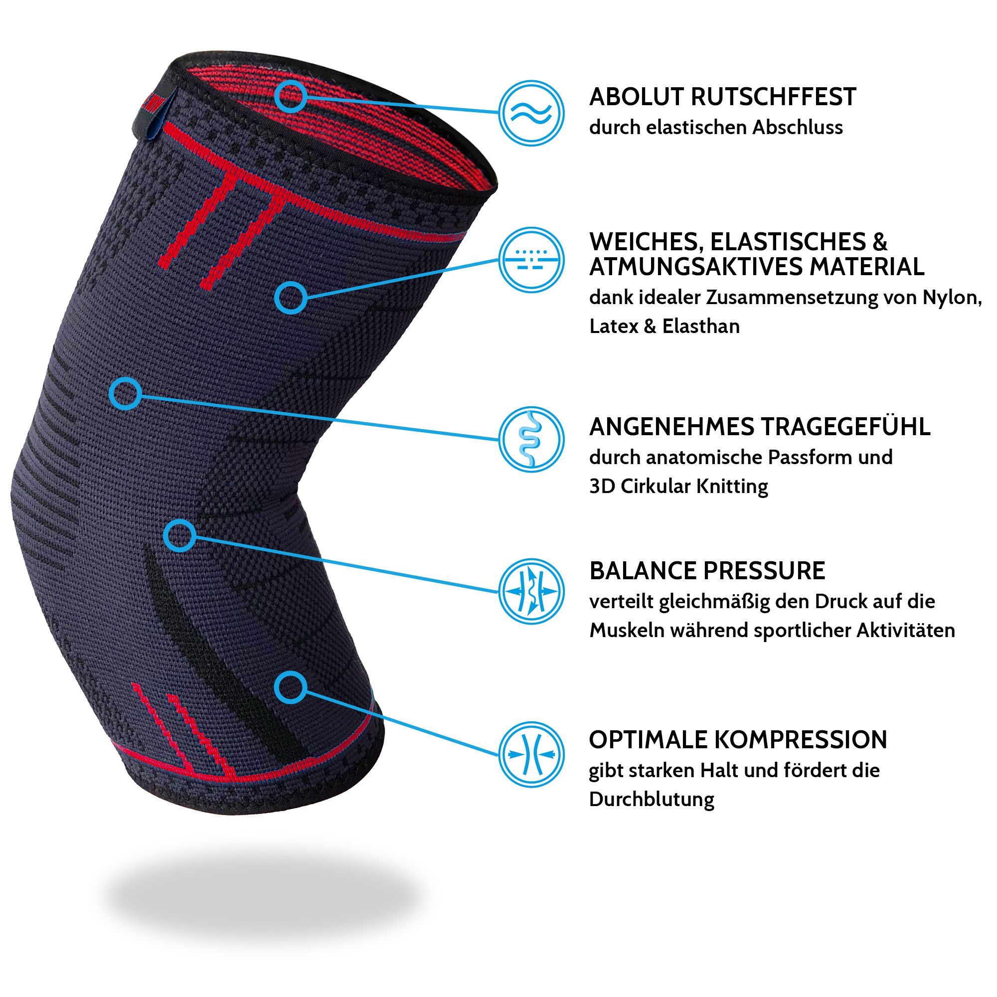 Tutore per gomito, grigio scuro con dettagli rossi. Forma anatomica, materiale traspirante. Chiusura elastica.