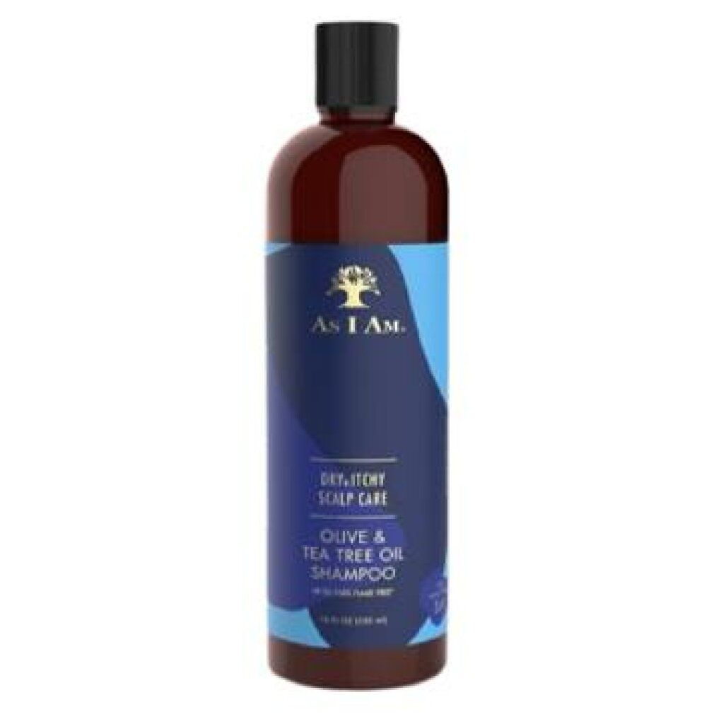 Flacone di shampoo marrone con tappo nero. Etichetta con accenti blu. Scritta: As I Am, Dry, Itchy, Olive & Tea Tree Oil Shampoo.