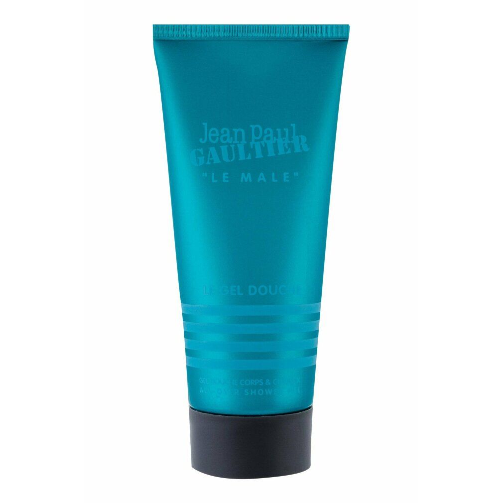 Tubo turchese con scritta "Jean Paul Gaultier Le Male". Tappo nero. Strisce orizzontali in basso.