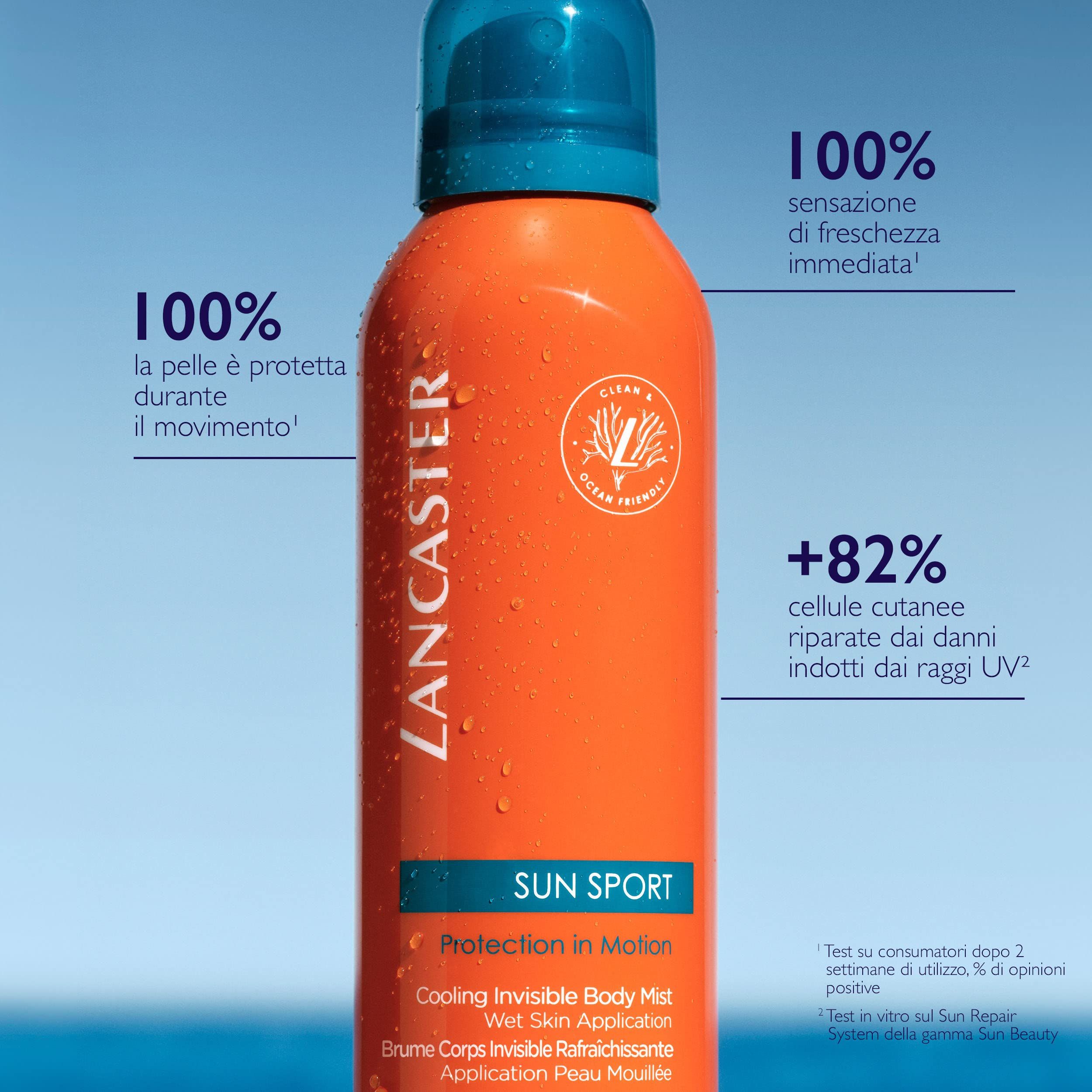 Flacone spray arancione con tappo blu. Testo: LANCASTER, SUN SPORT. Logo vegano. Protezione 100%. +82% cellule cutanee riparate.