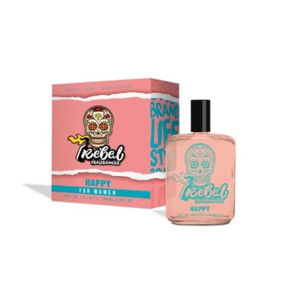Flacone e confezione di eau de toilette. Flacone rosa con teschio. Confezione rosa con teschio e scritta.