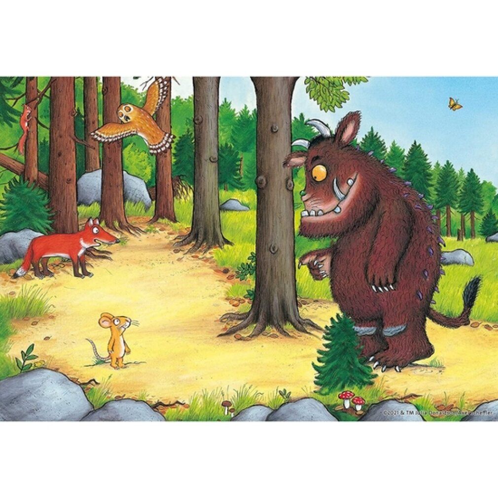 Illustrazione: scena della foresta con volpe, gufo, topo e Gruffalo. Alberi, rocce e sentiero.