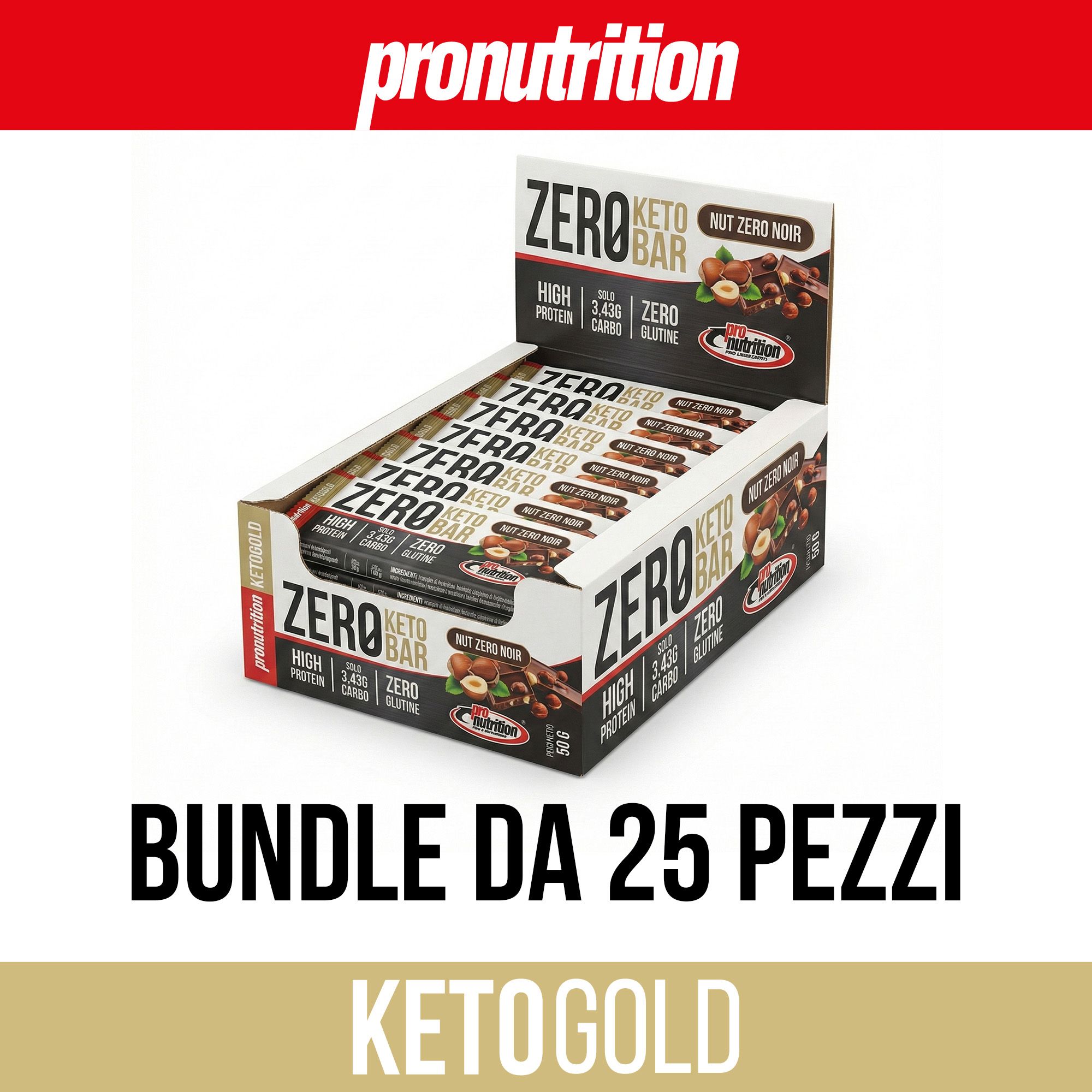 Confezione di barrette Keto. Scritta: Zero Keto Bar, 25 pezzi. Contiene proteine, pochi carboidrati e senza glutine.