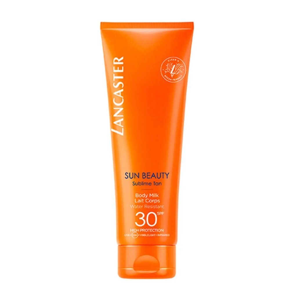 Tubo arancione con scritta bianca Lancaster, Sun Beauty, Sublime Tan, Latte Corpo, SPF 30. Sigillo vegano.