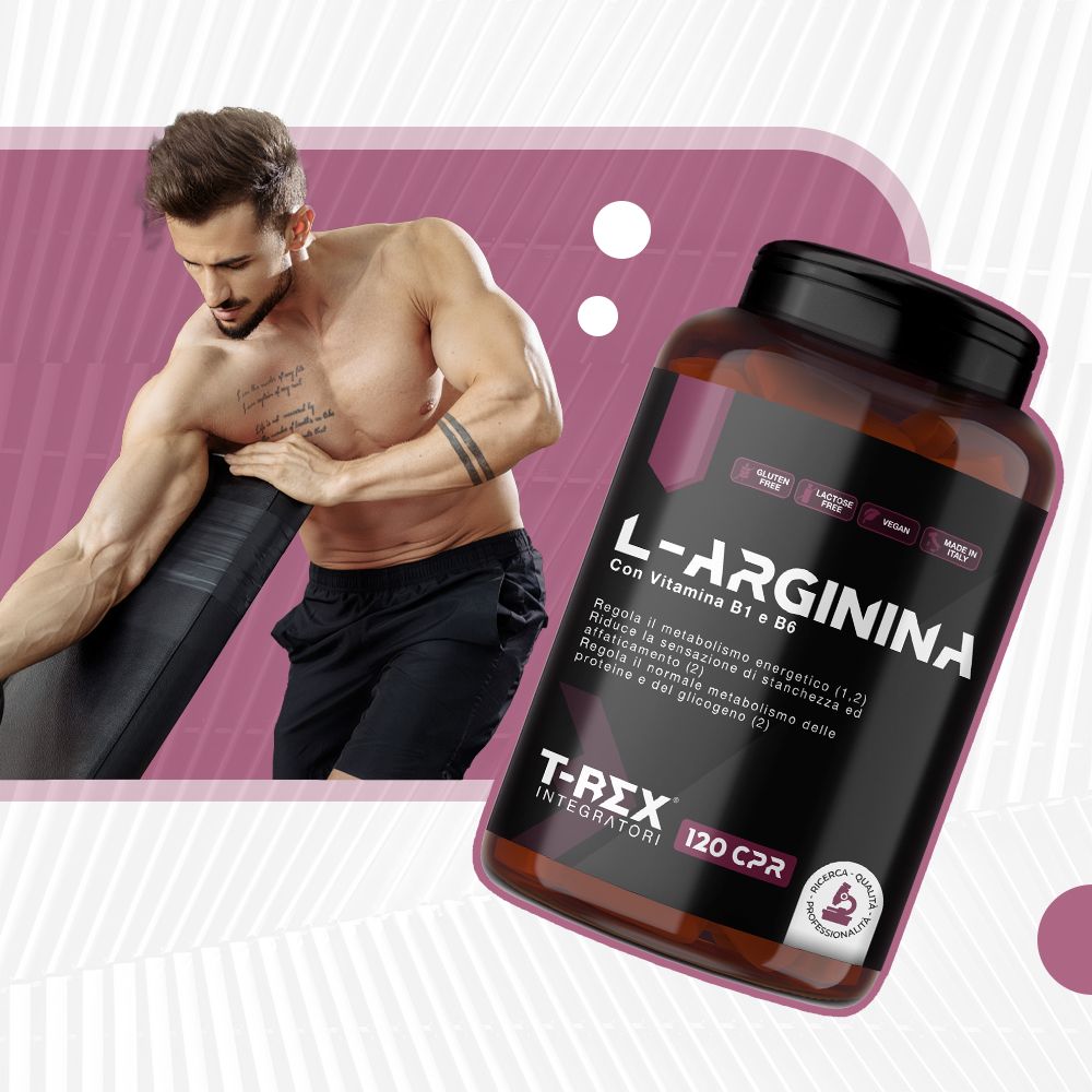 Flacone marrone L-Arginina. Scritta: L-Arginina, 120 CPR. Con vitamina B1 e B6. Senza glutine, senza lattosio, vegano.