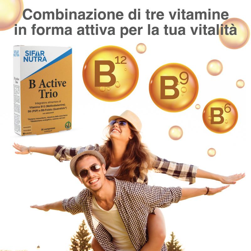 Immagine promozionale con persone e Sifar Nutra B Active Trio. Rappresentazione delle vitamine B12, B9 e B6.