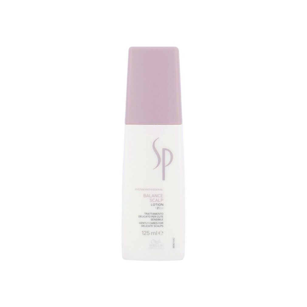 Flacone di lozione per cuoio capelluto con tappo lilla. Etichetta bianca con logo SP e testo: Balance Scalp Lotion. 125 ml.