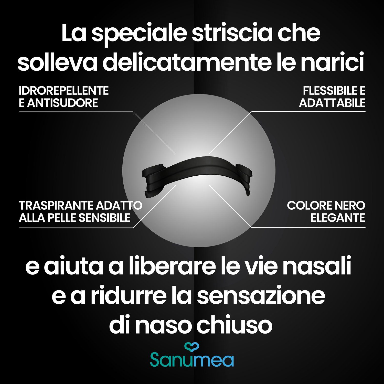 Un cerotto nasale nero con spiegazioni sulle sue caratteristiche.