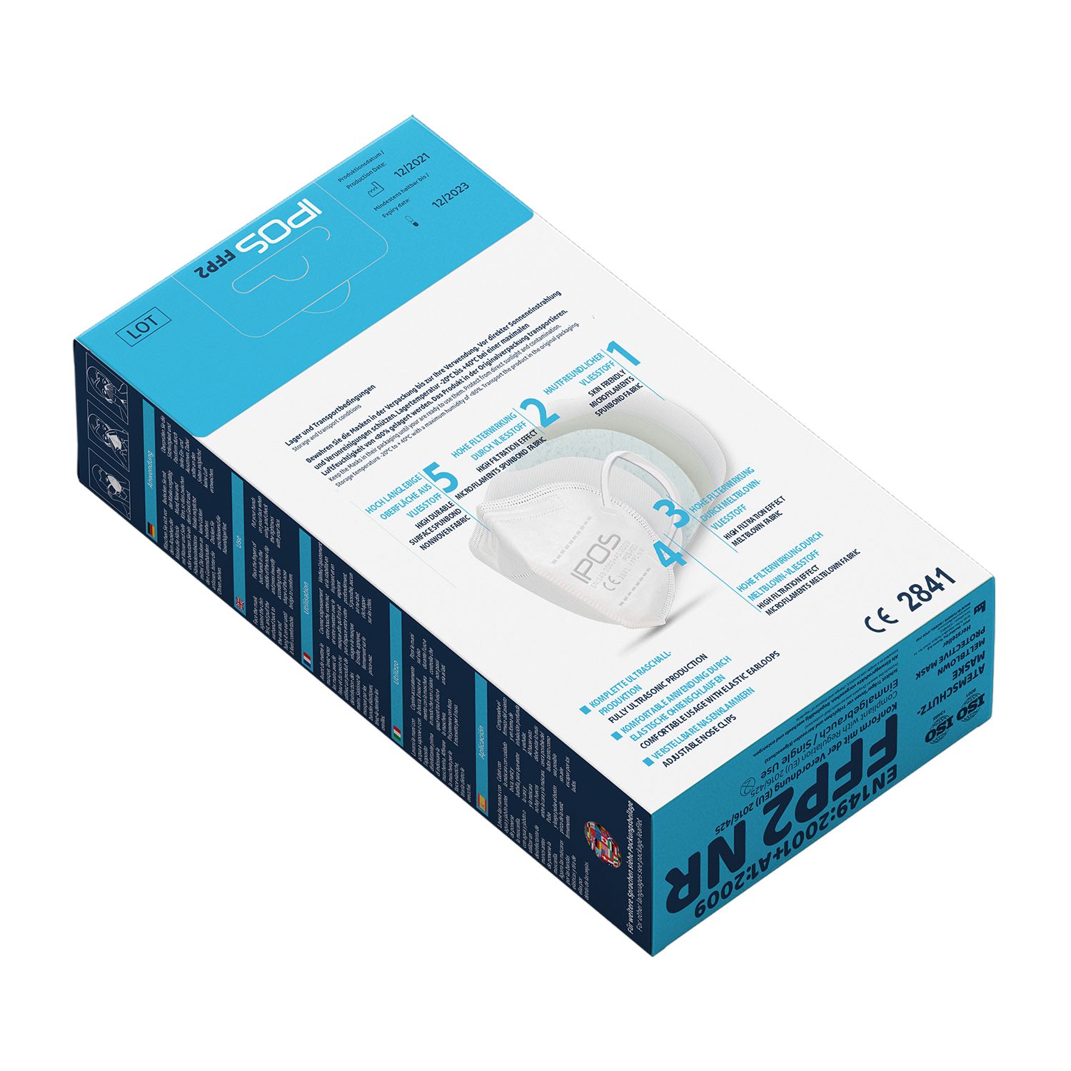 Confezione di mascherine IPOS FFP2. Mostra la mascherina e i suoi componenti. Con marchio CE.