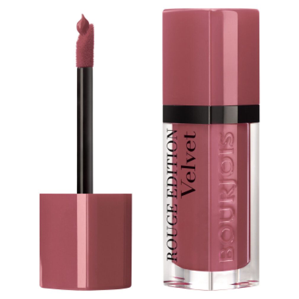 Rossetto Bourjois Rouge Edition Velvet con applicatore. Nome del prodotto visibile. Flacone e applicatore rosa.
