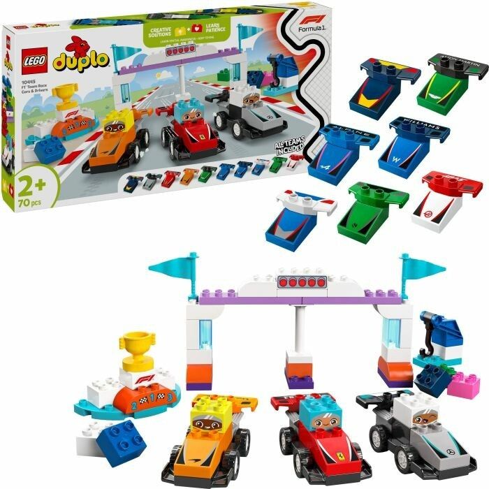 Set LEGO Duplo di auto da corsa. Include auto, traguardo, trofeo e accessori. Confezione con logo e indicazione dell'età.