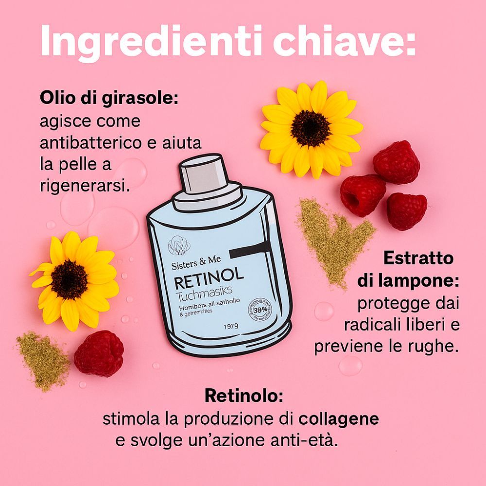 Infografica con prodotto e ingredienti. Girasoli, lamponi e testo. Sfondo rosa.