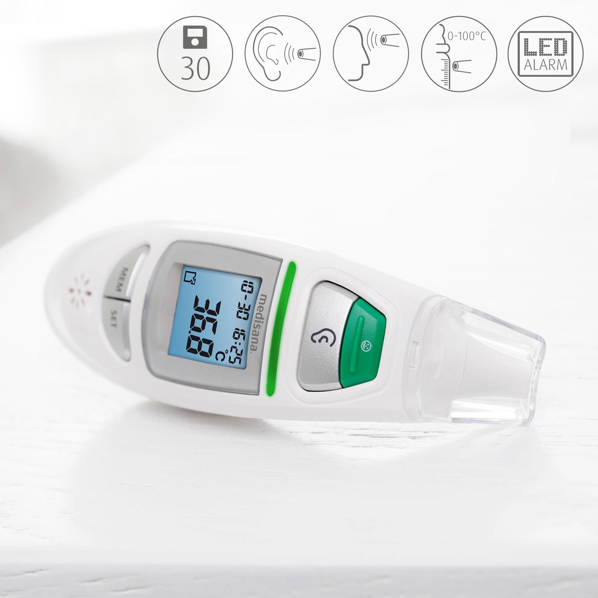 Termometro senza contatto bianco con display digitale. Simboli orecchio, fronte e allarme LED.