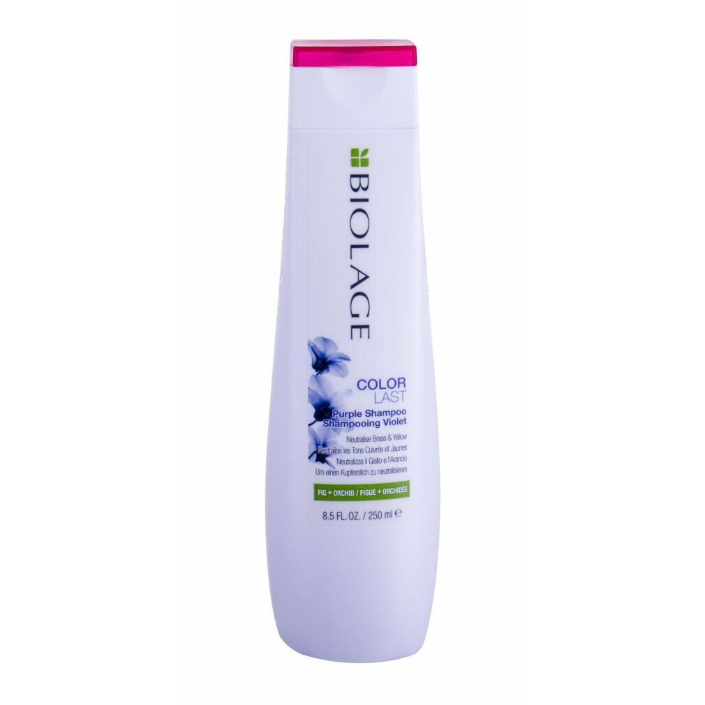Flacone di shampoo bianco con tappo rosa. Scritte: Biolage, Color Last, Purple Shampoo. 8.5 fl. oz / 250 ml.