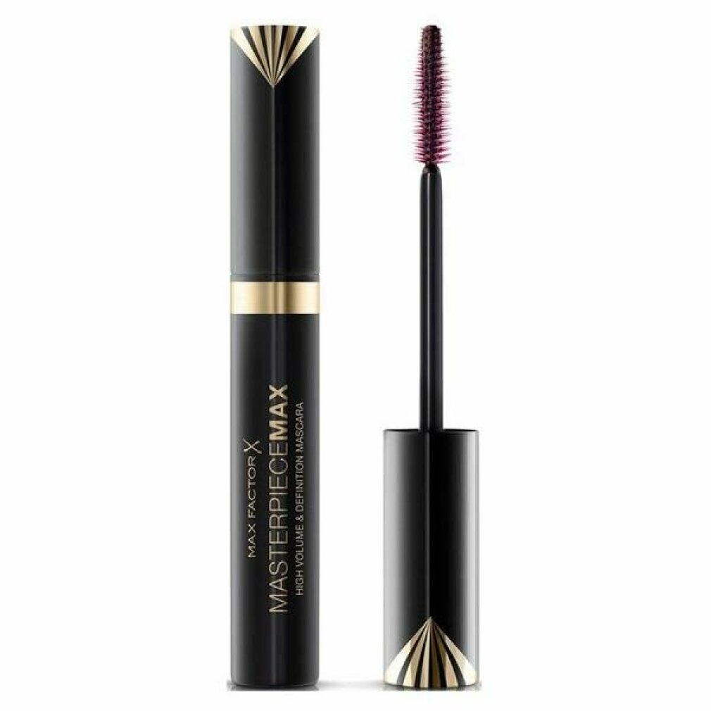 Tubo di mascara nero con dettagli dorati e spazzola. Scritta: MAX FACTOR MASTERPIECE MAX HIGH VOLUME & DEFINITION MASCARA.