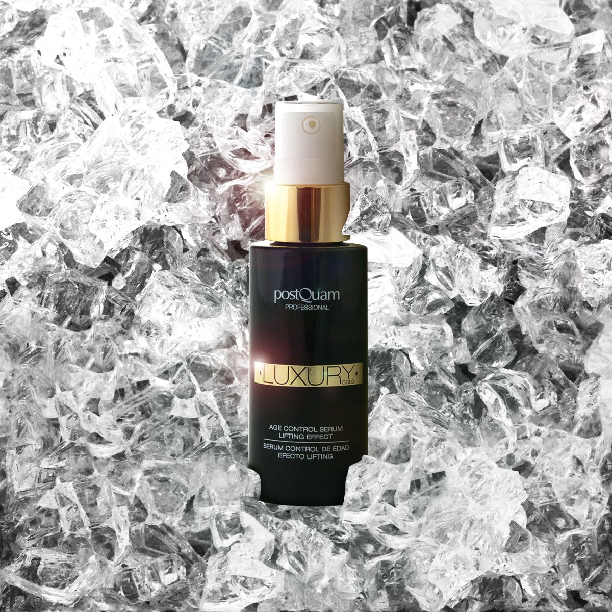 Flacone nero su ghiaccio. Scritte: Postquam, Luxury, Age Control Serum, Lifting Effect.