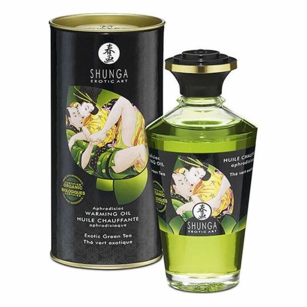 Olio da massaggio Shunga Green Tea, bottiglia e scatola. Olio verde, etichetta con baci.