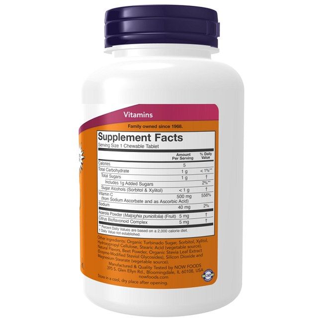 Retro di Now Foods Vitamina C-500 masticabile, 100 pezzi. Include informazioni nutrizionali.