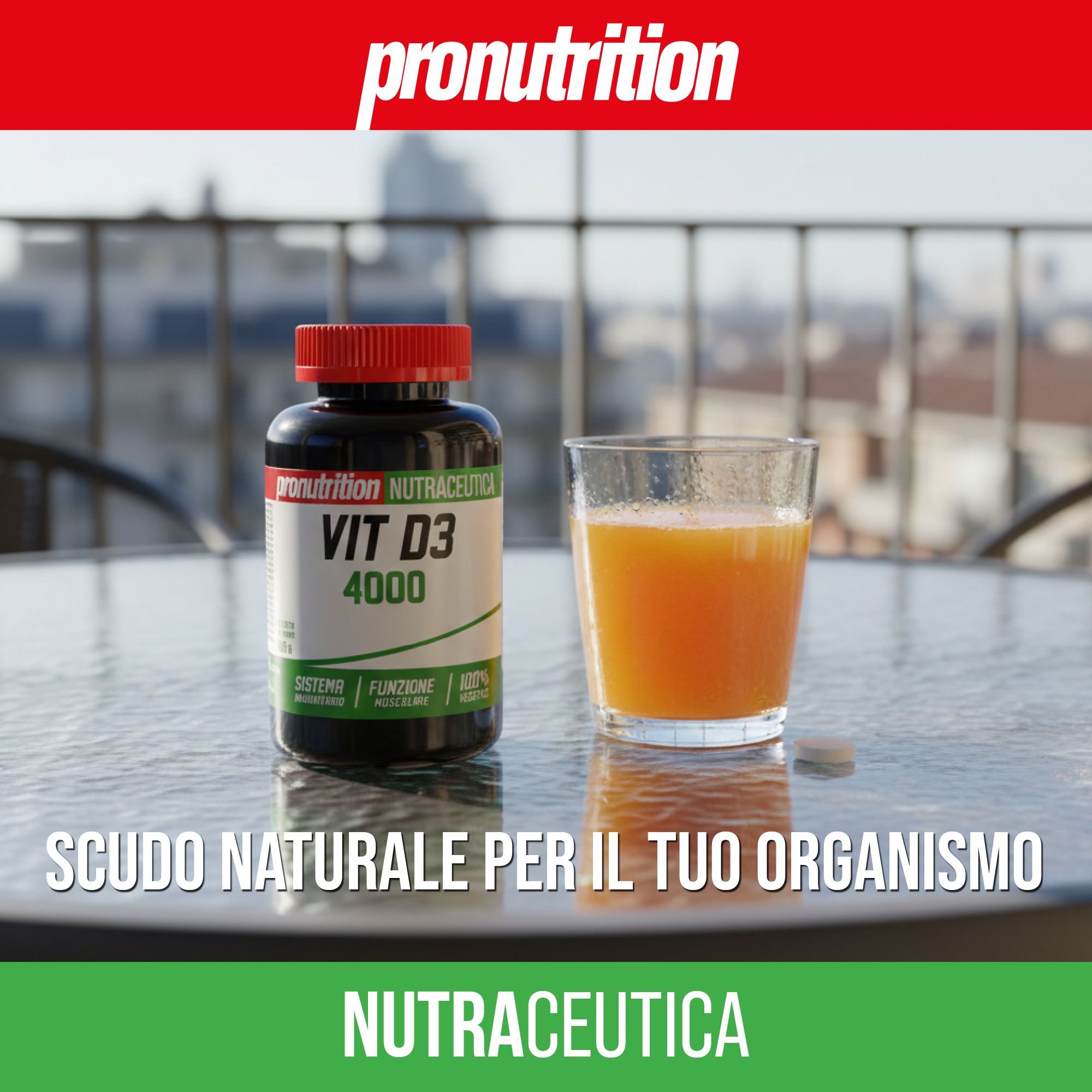 Flacone marrone con tappo rosso. Scritta Vit D3 4000. Bicchiere di succo e compressa. Balcone sullo sfondo.