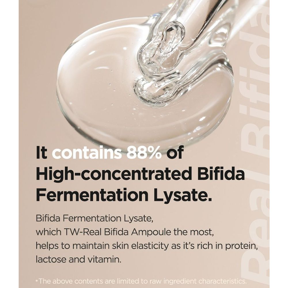 Primo piano di una pipetta con liquido. Testo: Contiene l'88% di lisato di fermentazione Bifida altamente concentrato.