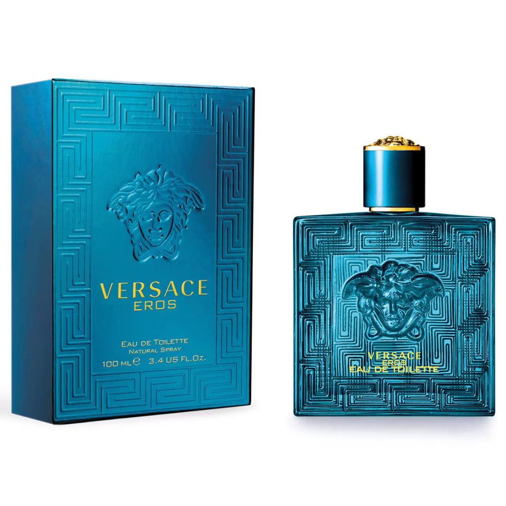 Flacone e scatola turchese. Scritta Versace Eros. Flacone con motivo in rilievo e tappo dorato.