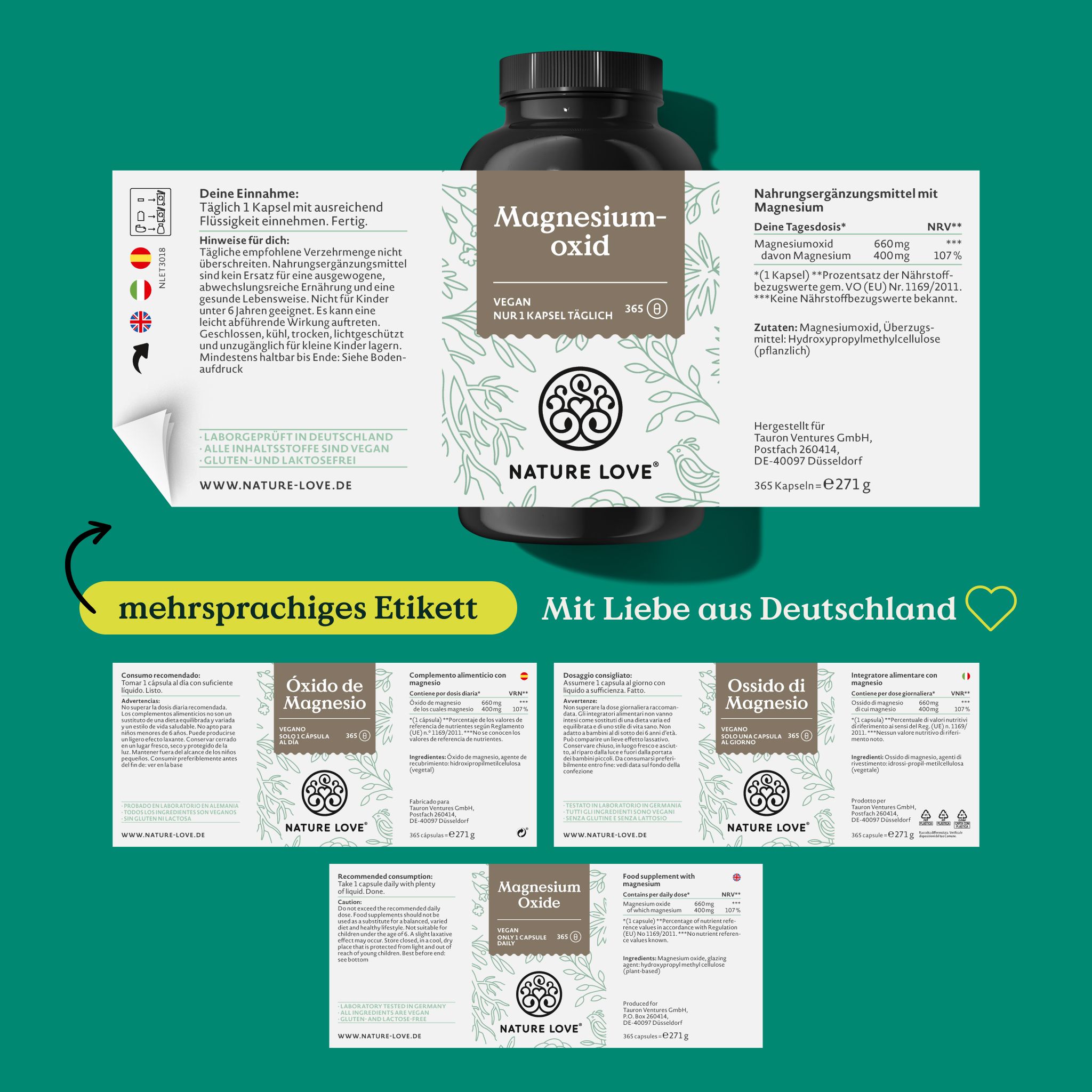 Etichetta del prodotto con testi multilingue. Flacone di Magnesiumoxid. Etichette aggiuntive in diverse lingue.