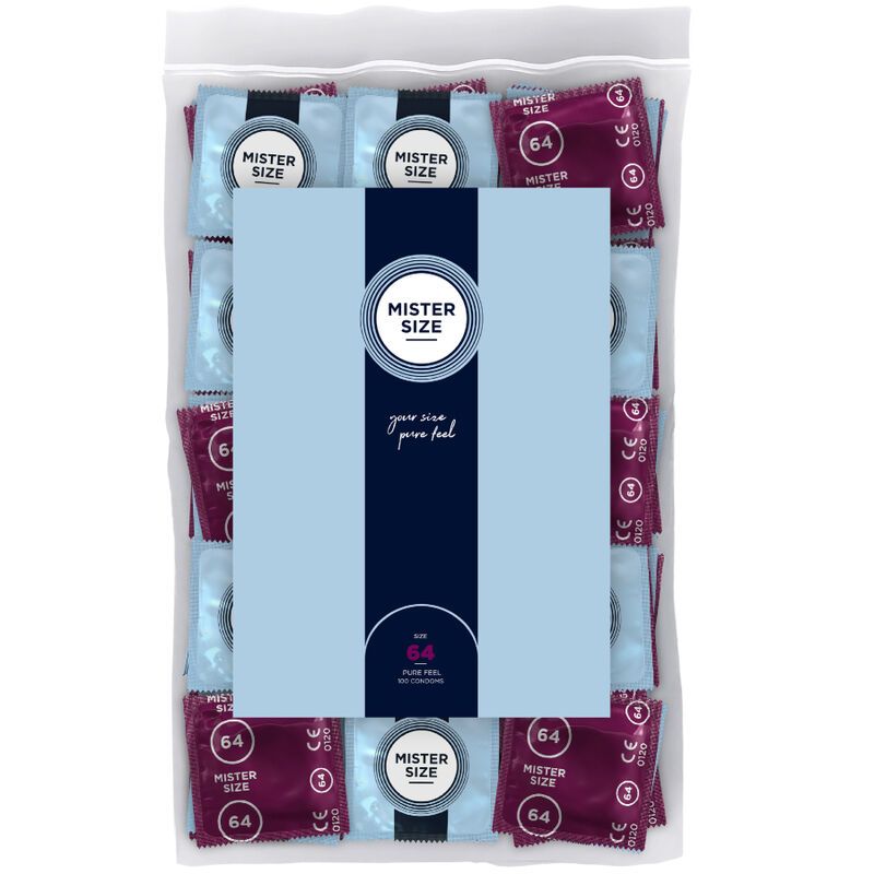 Confezione da 100 preservativi Mister Size 64 XXL Pure Feel, fronte.
