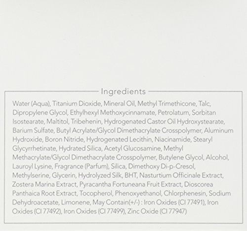 Ingredienti sulla confezione. Elenco degli ingredienti, tra cui acqua, biossido di titanio, olio minerale e altro.