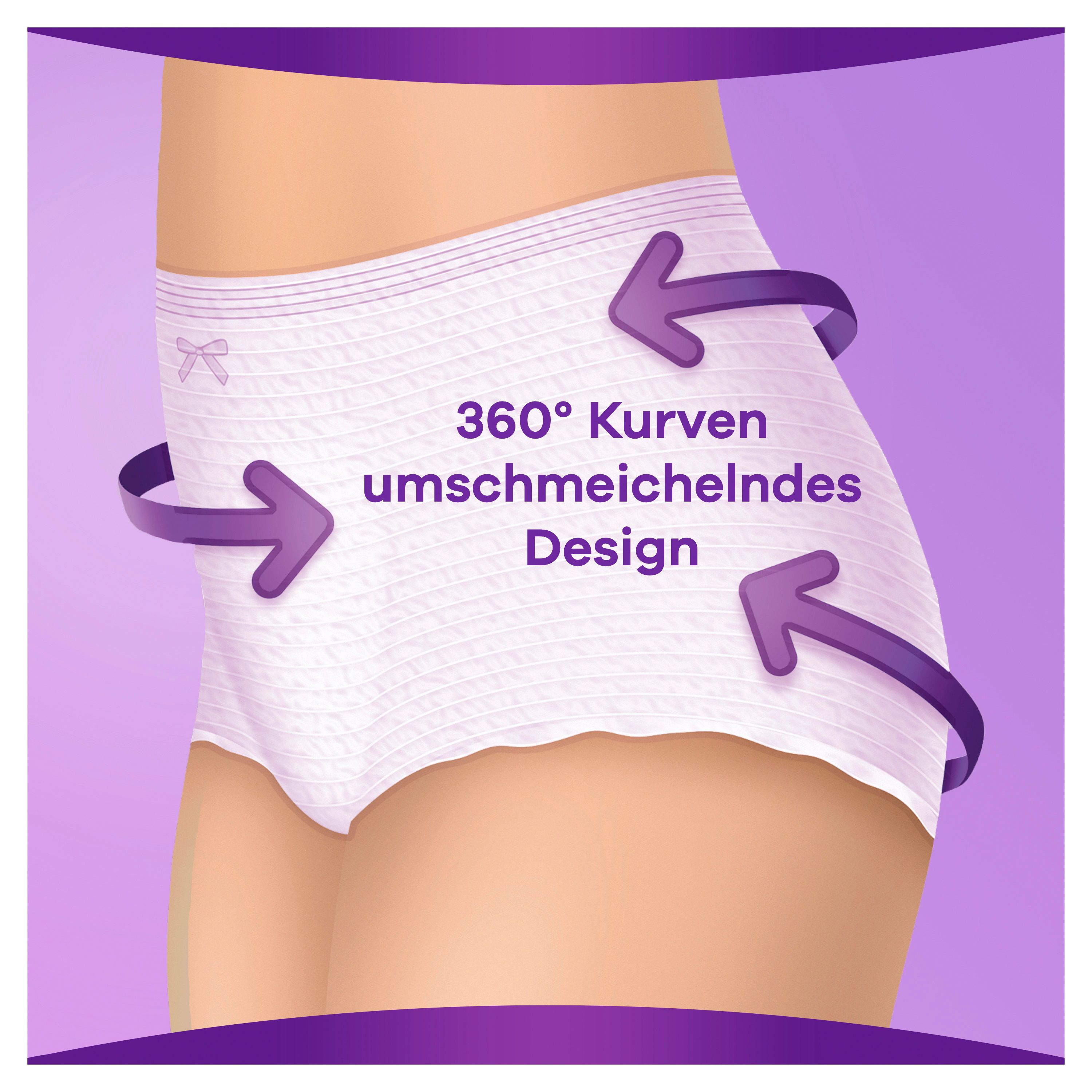 Mutandine per incontinenza bianche. Design avvolgente a 360°. Frecce viola intorno alle mutandine.