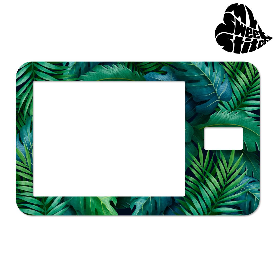 Adesivo rettangolare con motivo a foglie tropicali. Area bianca per schermo. Logo MySweetStitch.