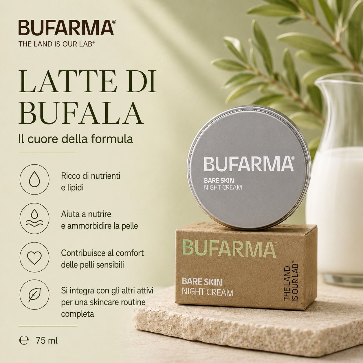 Prodotto BUFARMA 'Bare Skin Night Cream' su scatola. Testo: 'LATTE DI BUFALA'. Sfondo: bicchiere di latte.