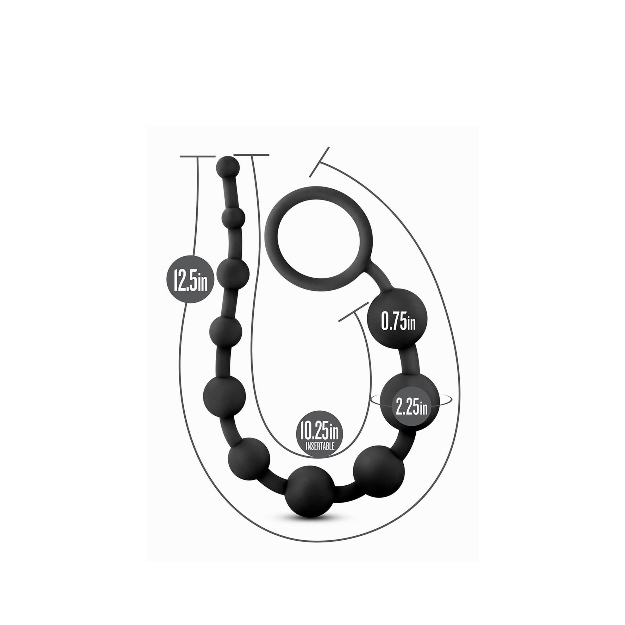 Perline anali nere con indicazioni delle dimensioni. Composte da sfere di diverse dimensioni, collegate da un filo e un anello.