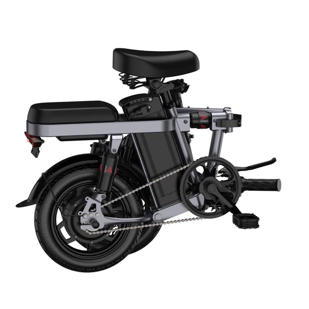 E-bike piegata, vista laterale. Pneumatici neri, telaio grigio, sella nera.