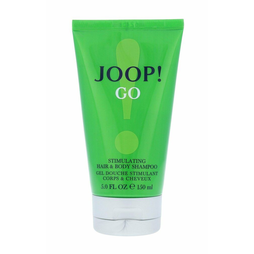 Tubo verde con logo JOOP! GO e nome del prodotto. Contiene "Stimulating Hair & Body Shampoo". Sotto, "5.0 FL. OZ 150 ml".