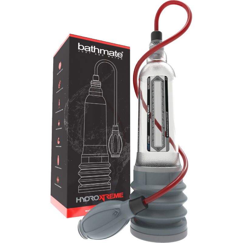 Pompa Bathmate HydroXtreme9 con tubo rosso e confezione.