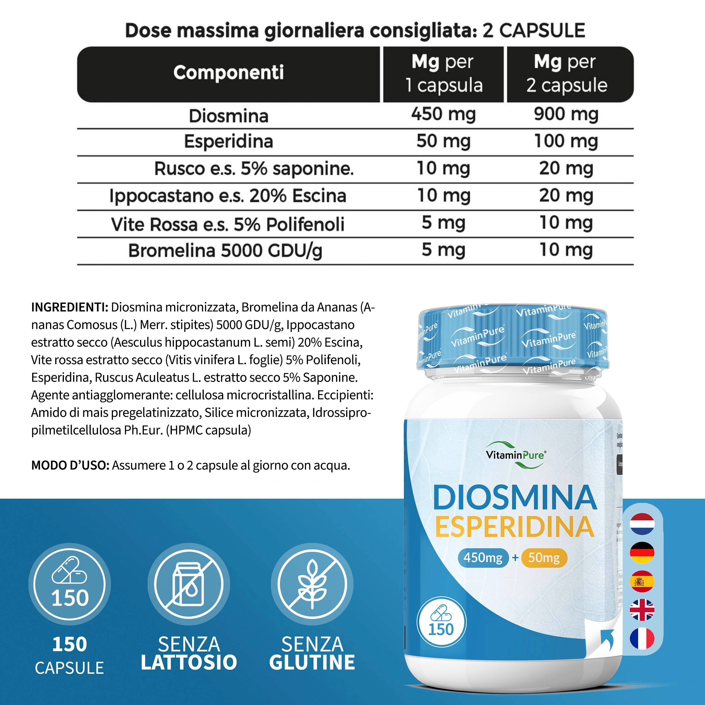 Flacone Diosmina Esperidina. Testo: 150 capsule. Ingredienti e dosaggio. Senza lattosio e glutine.