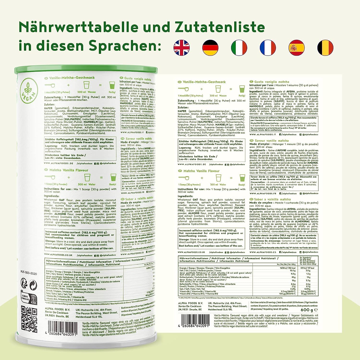 Barattolo con tabella nutrizionale e lista ingredienti in diverse lingue. Contiene informazioni su Vanilla Matcha.