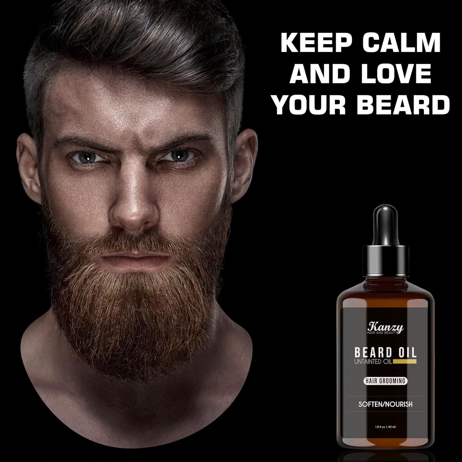 Flacone di vetro marrone con pipetta. Testo: Kanzy Beard Oil. Keep Calm and Love Your Beard. Uomo con barba.