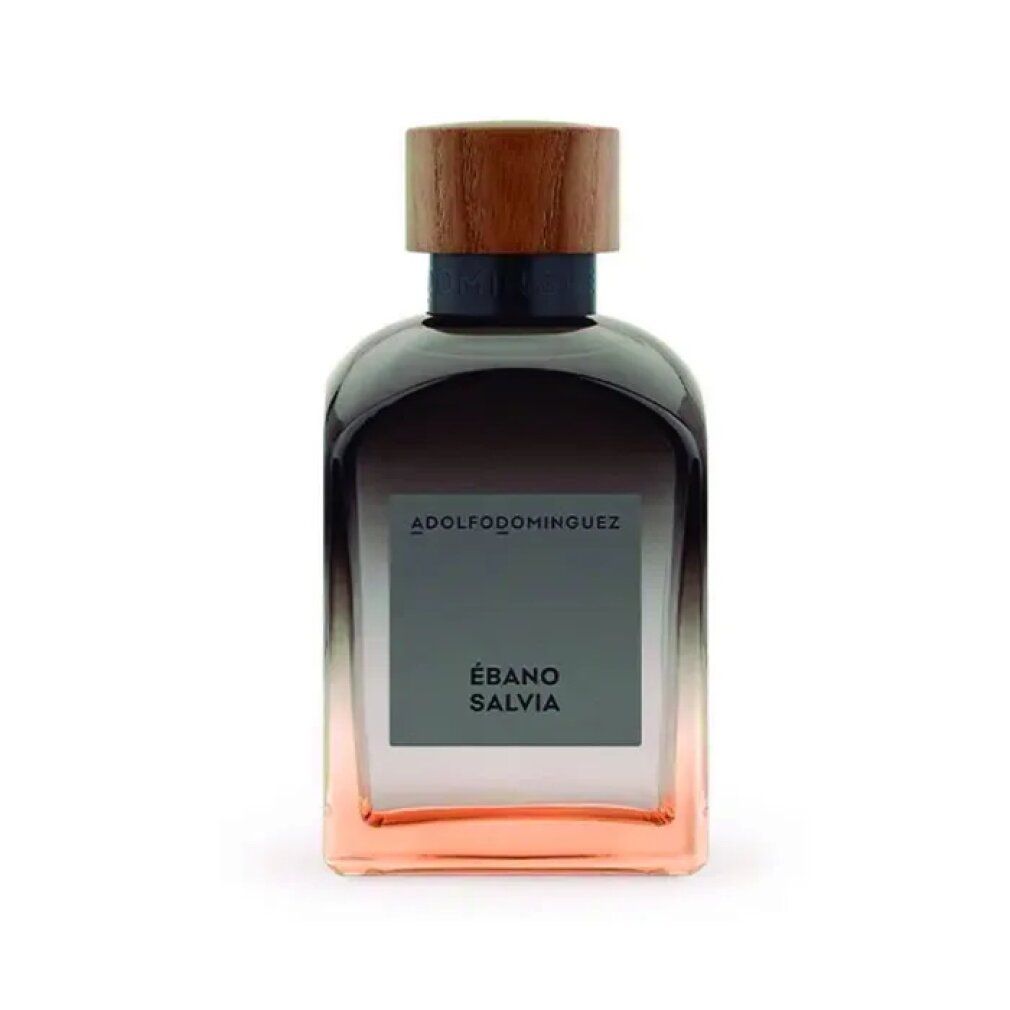 Flacone di profumo con tappo in legno. Scritta: Ébano Salvia, Adolfo Dominguez. Sfumatura dal marrone al rosa.