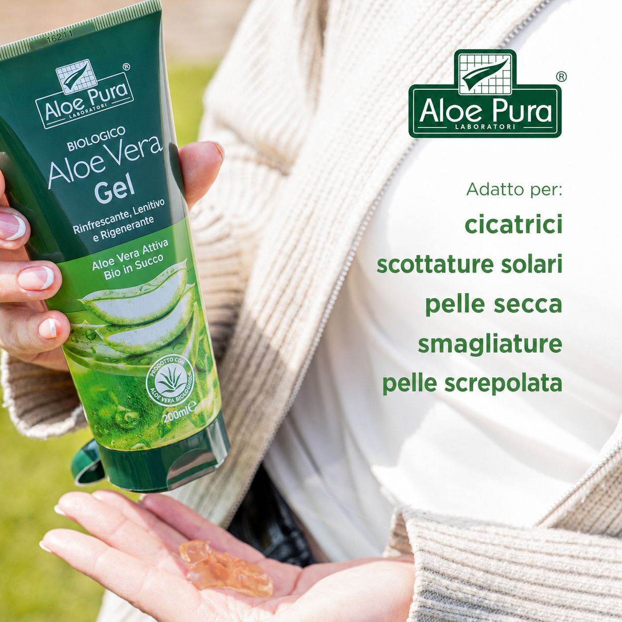 Tubo di gel di Aloe Vera Aloe Pura. Testo: Succo di Aloe Vera bioattivo. Adatto a cicatrici, scottature solari, pelle secca, smagliature, pelle screpolata.