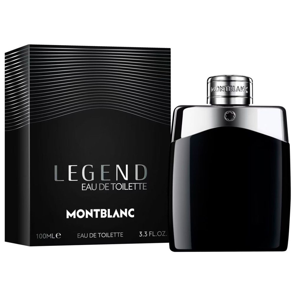 Flacone nero con tappo argentato e confezione. Scritta: LEGEND, MONTBLANC. Eau de Toilette.