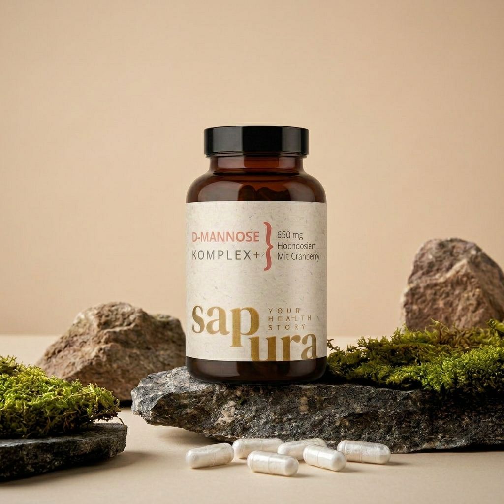 Bottiglia di D-Mannose Komplex+ 650mg con Cranberry su pietre con muschio e capsule.