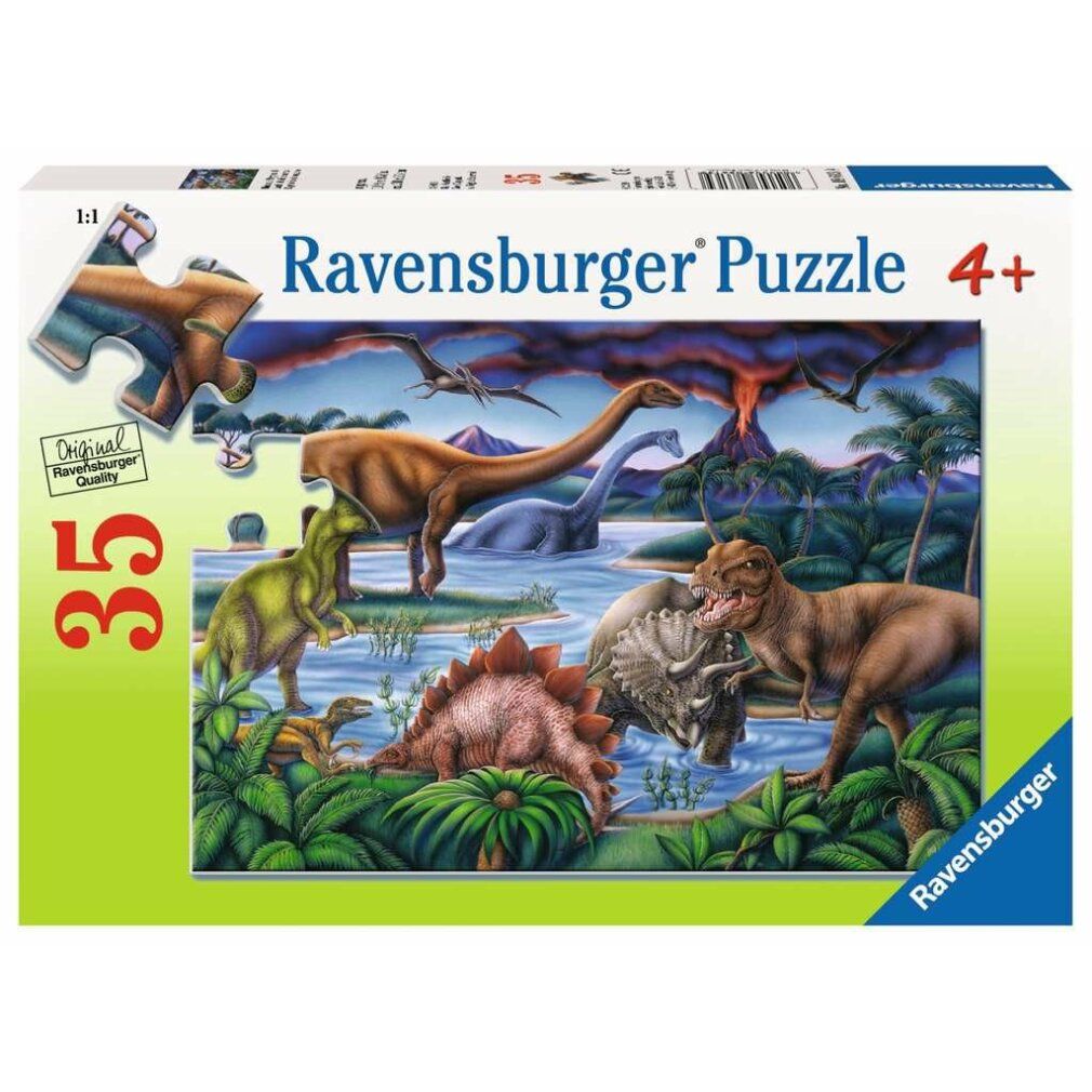 Puzzle Ravensburger Dinosauri, 35 pezzi, in confezione. Immagine di dinosauri in un paesaggio.