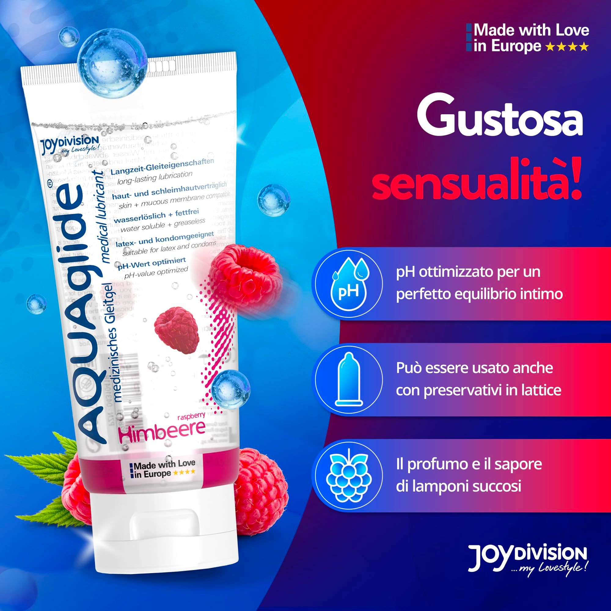 Tubo di gel lubrificante AQUAGLIDE lampone con il sigillo 'Made with Love in Europe'.